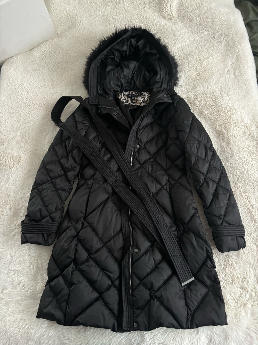 Laundry Black Quilted Faux Fur Hooded Long Puffer Coat